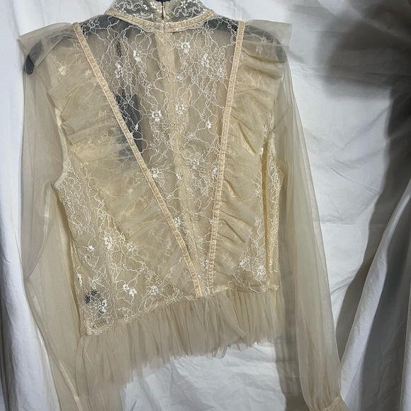 Dolls Kill Cream Sheer Lace Ruffle Blouse with Satin Bow - Picture 3 of 4
